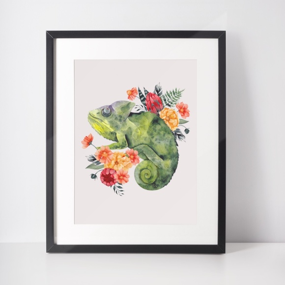 Wall Art Watercolor Floral Chameleon Illustration Print Poster Unframed - Picture 4 of 6